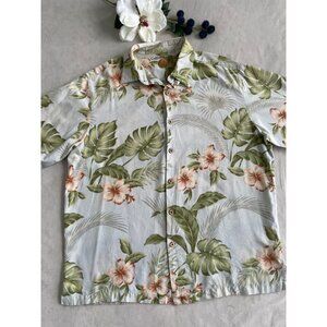 Caribbean Mens Tropical Hawaiian Floral Hibiscus Silk/Cotton Button Shirt Large